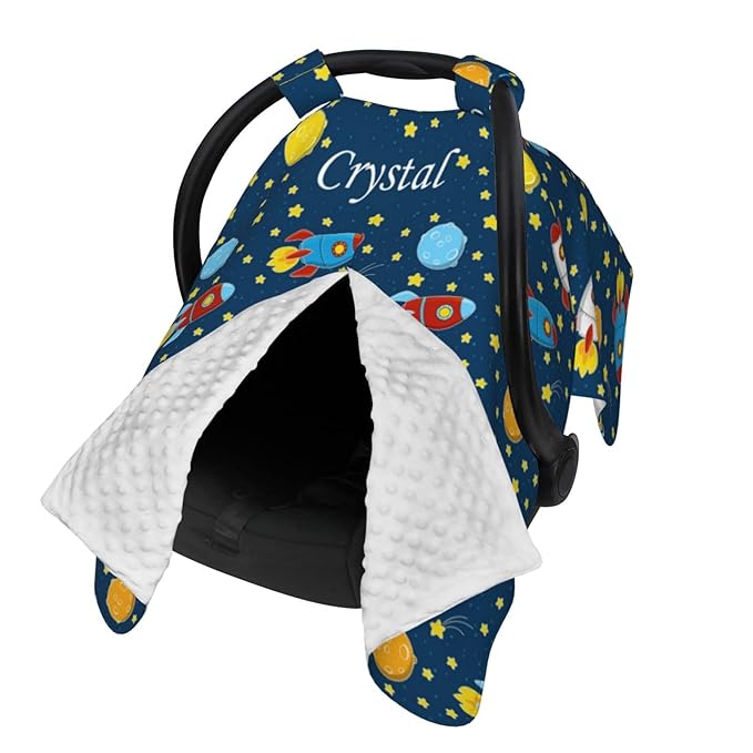 Personalized Baby Car Seat Canopy for Babies with Name, Custom Rocket Stroller Car Seat Covers for Boys Girls, Nursing Carseat Cover for Breastfeeding, Car Seat Canopies for Infant Newborn