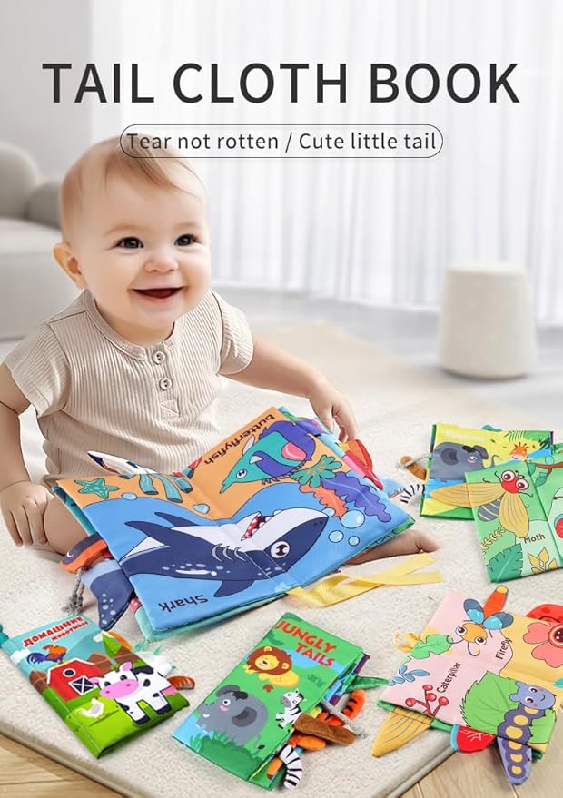 Baby Cloth Book Toys with Tails, Stroller Soft Toys for Infant Baby 0-18 Months (Farm Animals)