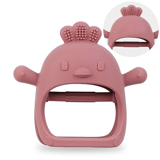 Baby Teether Toy for Infants 3–12 Months, Silicone Chew Toy with Easy Grip Handle, Textured Surface for Teething Stage, One-Piece Design, Lightweight Travel-Friendly (Chicken Dark Pink)