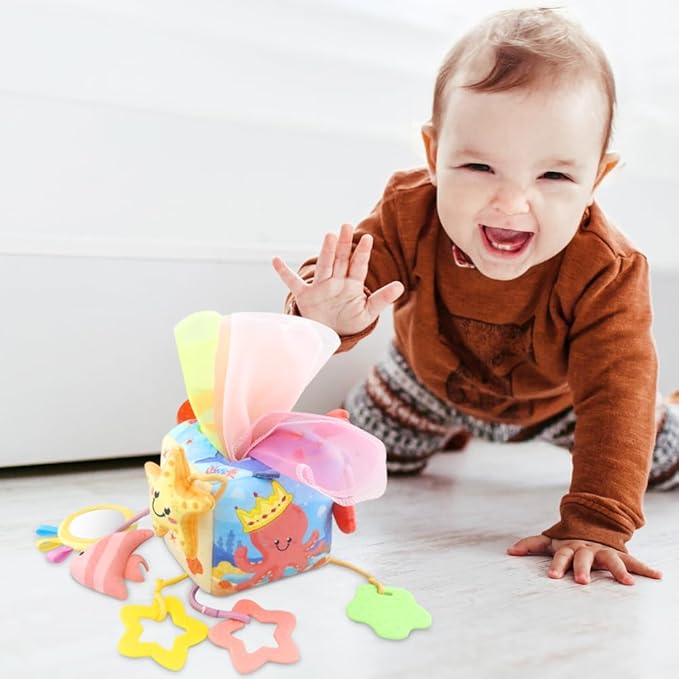 Caterbee Baby Sensory Tissue Box Toy with Hanging Hook – Pull Out Fabric Tissues, Rattle & Teether, Montessori Stroller & Car Seat Toy for Infants (Ocean)