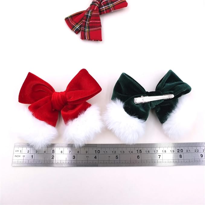 Christmas Velvet Bow Hair Clips and Accessories for Girls and Baby Mom - Xmas Plaid Red Green White Santa Bow (4 Pack)
