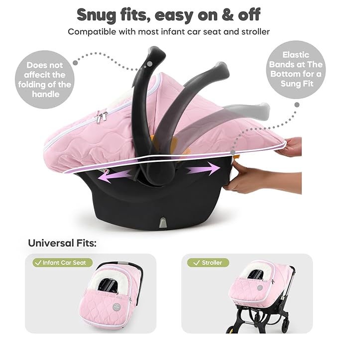 Winter Baby Car Seat Cover, Waterproof, Windproof Warm Fleece Breathable with Full Zipper for Newborn Car Seat, Pink