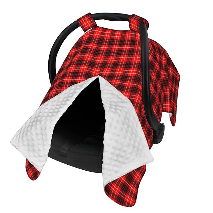 Personalized Red Plaid Baby Infant Car Seats Canopy for Babies with Name, Custom Multi-use Blankets for Baby Boys Girls, Peekaboo Minky Nursing Breastfeeding Cover Canopies for Newborn