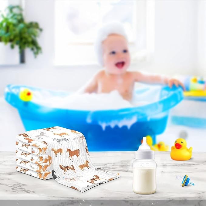 Vvfelixl Baby Washcloths Cotton Animal Print Muslin Washcloths Soft Baby Face Towel for Newborn Infants, 11.8 X 11.8 Inch, 5 Pack