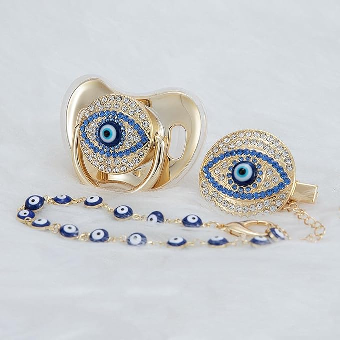 Lovely Evil Eye Gold Silver Pacifier and Clip Set BPA Free Safe Unique Design Luxurious Dummy Ideal Gift for Baby Show New Born