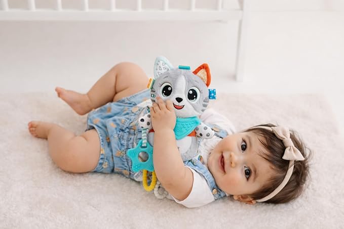 Balibazoo Luka The Cat Hanging Baby Toy – Soft Plush Sensory Toy with 4 BPA-Free Silicone Teethers, Crinkle Ears & Hidden Bell | Clip for Stroller, Car Seat, and Carrier | Developmental Toy 0-24M