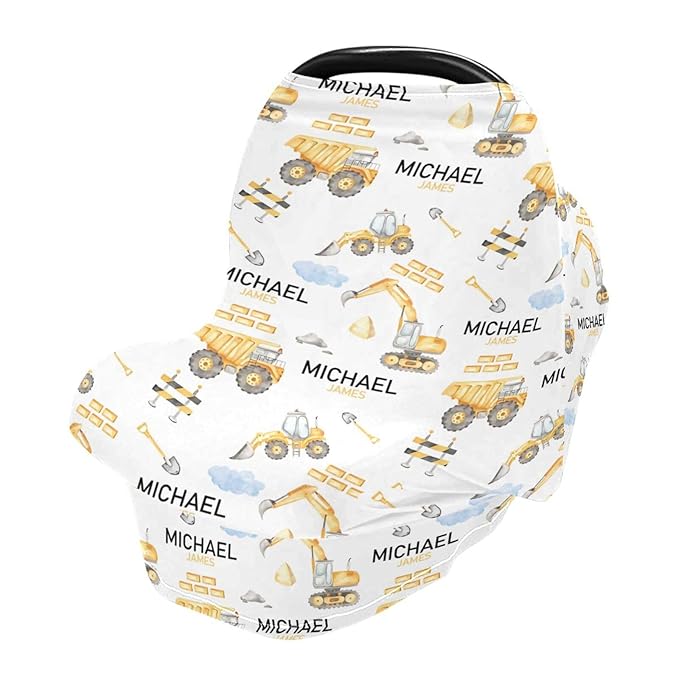 Personalized Baby Car Seat Cover for Boys, Custom Nursing Covers for Breastfeeding with Name, Construction Infant Stroller Cover, Baby Carseat Canopy for Newborn, Multiuse Car Seat Canopies