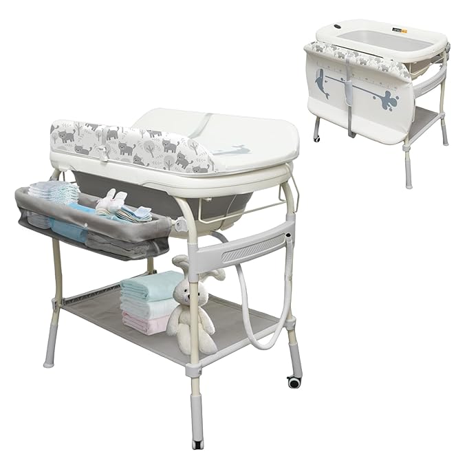 2 in 1 Baby Bathtub with Changing Table, DEYGIA Waterproof Diaper Changing Station Portable Changing Table Adjustable Height Nursery Organizer with Storage Rack for Newborn Infant Toddler, Cat Pattern