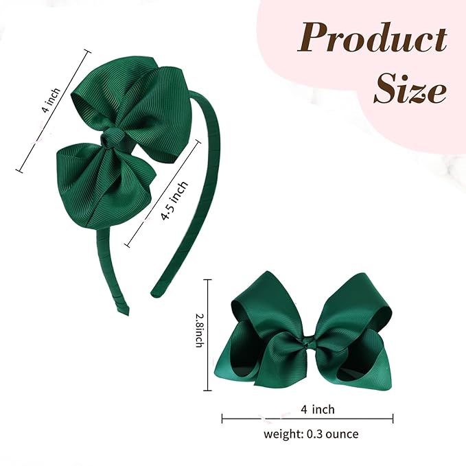 Bow Headband & 2 Pcs 4 Inch Hair Bows Set, Black School Hair Accessories for Little Toddler School Girls (Green)