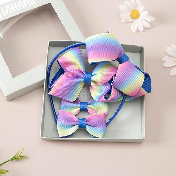 JIAHANG Baby Girls 4 Inch Grosgrain Ribbon Hair Bow Headband and Alligator Clips Set, Colorful Hair Bow Accessories for Children Toddler School Girls 4Pcs Gift Set (Gradient1)