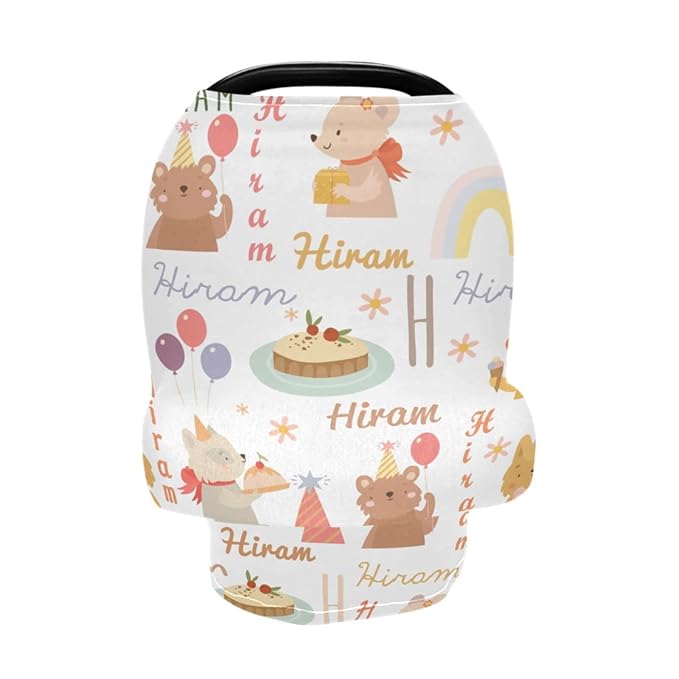 Customized Name Car Seat Covers for Baby Girl Boy, Personalized Summer Carseat Cover, Breathable Infant Stroller Canopy, Newborn Sun Shade Cover, Nursing Cover Breastfeeding Scarf, Cute Animal