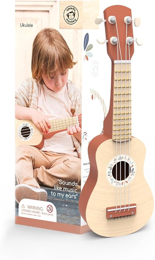SPEEDY MONKEY 16-Inch Kids Ukulele Toy | FSC® Certified Wooden Toy for Toddlers and Children | Safe Design Kid's Musical Toy with 4 Nylon Strings, Terracotta & Wood Finish