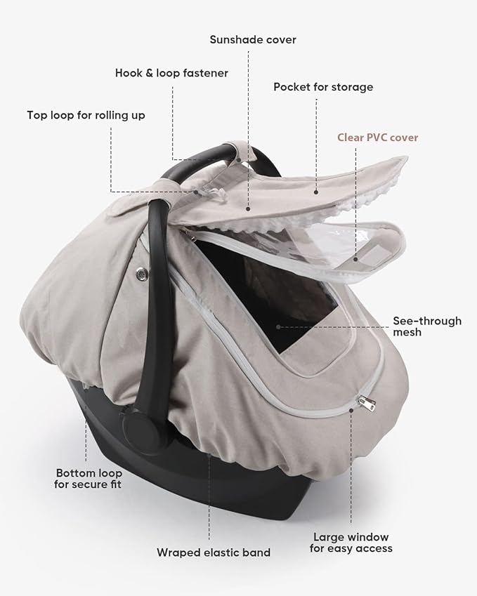TinlyFinly Waterproof Car Seat Cover for Baby, 2-Layer Car Seat Rain Cover with Clear Window & Sunshade & Mesh Cover, Universal Infant Carseat Canopy for Stroller, Protect from Rain and Snow - Beige