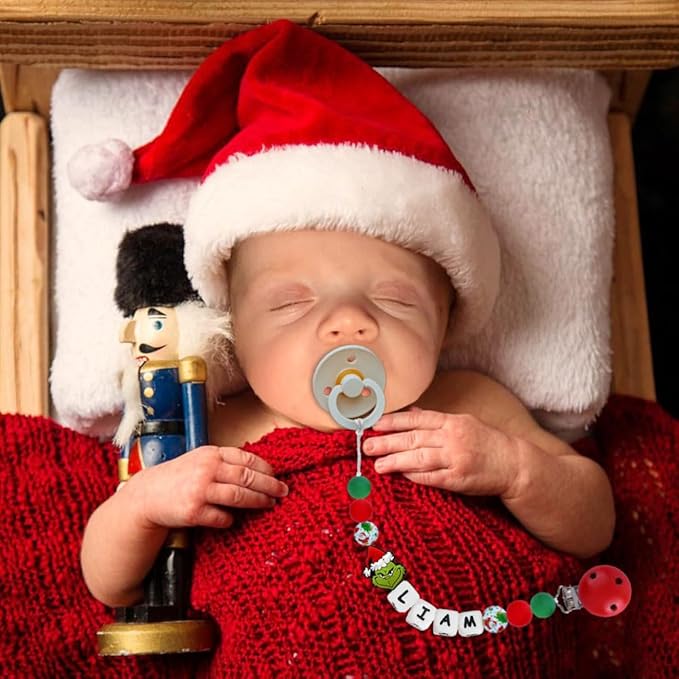 Personalized Christmas Pacifier Clip with Baby Name,1st Christmas Custom Binky Clip Baby Gift (Red)