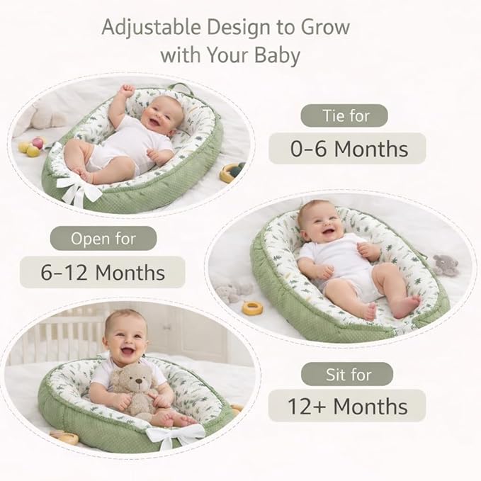 Aila+Aiden Baby Lounger | Organic Cotton Infant Lounger | Reversible, Adjustable & Portable Floor Lounger |Supervised Use | Soft, Breathable, Washable Cover - Star Collection (Sage Leaf)