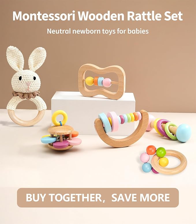 6 PCS Wooden Baby Rattle, Organic Colorful Baby Hand Rattles Set, Wood Rattles for Babies 0-6-12 Months, Wooden Teether Crochet Rattle Toy for Newborn Infant, Montessori Toys for Babies 0-6 Months