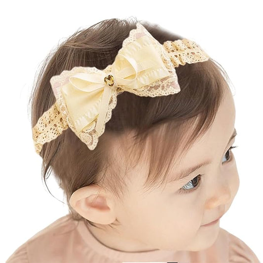 Baby Girl Bows Lace Headband Soft Cotton Tulle Hair Band Princess Infant Head Wrap Turban Ribbon Bow-knot Elastic Hair Accessory for Newborn Infant Toddler (Off white, Standard size)