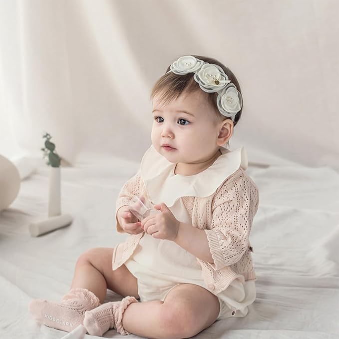 Baby Girls Flower Crown Headband Lace Handmade Floral Headbands Soft Elastic Band Daisy Hairband Newborn Infant Toddler Kids for Christening Baptism Birthday Party(White, Three Flower)