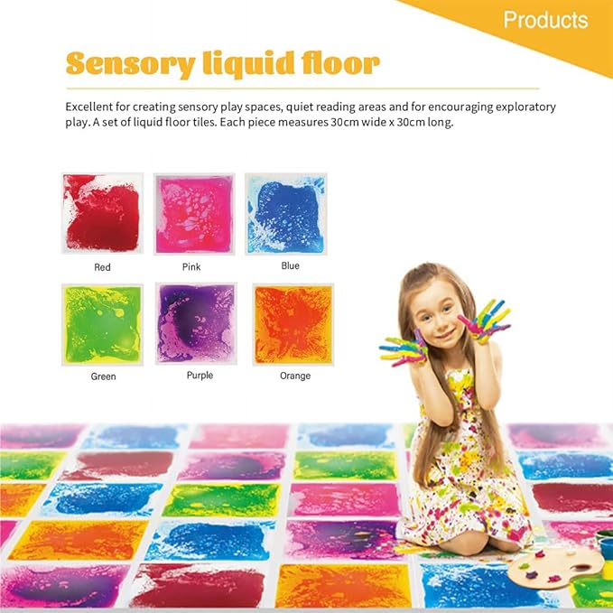 edusense Sensory Liquid Floor Tiles for Kids Austism, Colorful Decorative Liquid Tiles, Early Learning Toys, Activity Play Mats with Anti-Slip Backing, Multi-Color Set of 6 Pack 12" x 12"