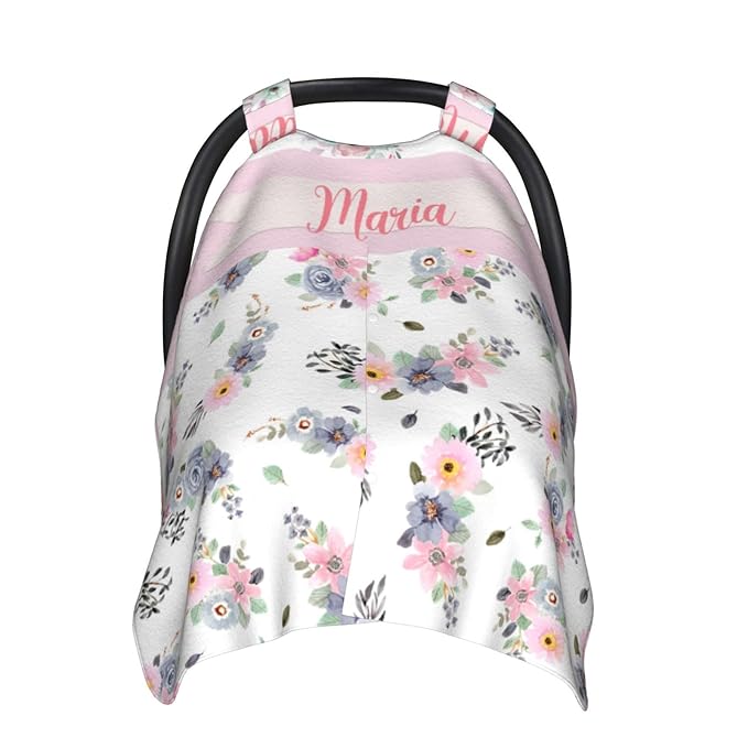 Personalized Baby Car Seat Canopy for Babies, Custom Name Car Seat Covers for Baby Girl, Floral Butterfly Opening Minky Nursing Breastfeeding Cover for Infant, Carseat Canopies for Newborn