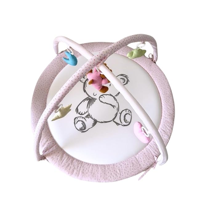 Baby Play Gym Mat & Activity Mat - 100% Cotton Soft Playmat with 6 Detachable Toys for Tummy Time, Machine Washable, Sensory Development Gift (Pink Bear)