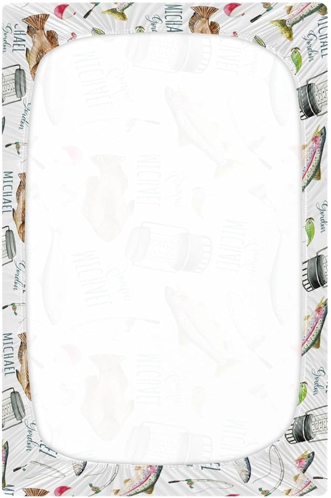 Personalized Pack and Play Sheets with Name, Custom Fishing Baby Mini Crib Sheets for Baby Boys Girls, Name Pack n Play, Fitted Sheet with Name, Soft and Breathable Material, 39x27x5 Inch