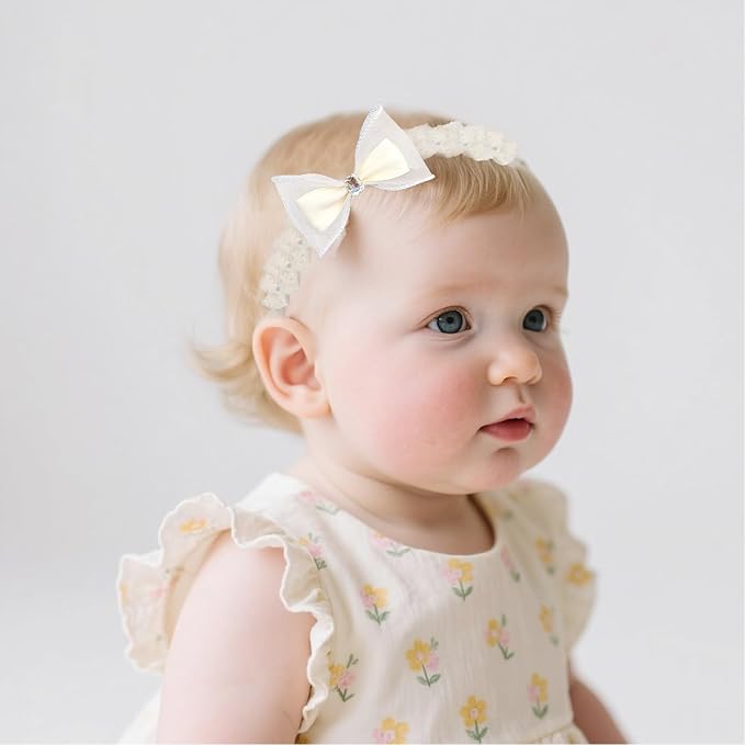 Baby Girls Hairbands bows Headband Stretchy Soft Flower Hairband Toddler Handmade Headbands with Pearls Elastic Headband for Infant Toddler Girl Hair Accessories (Diamond Bow, Elastic)