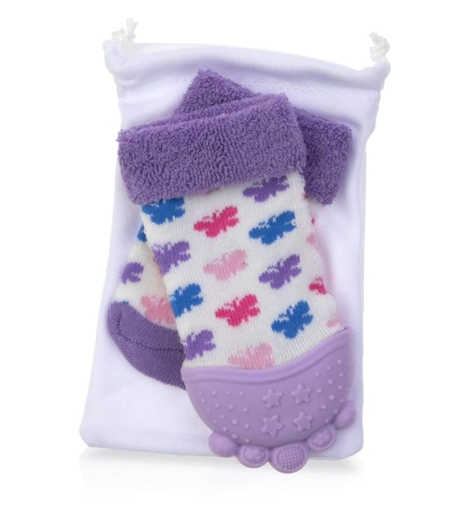 Nuby Soothing Teether Sock, Purple Butterfly, 5"