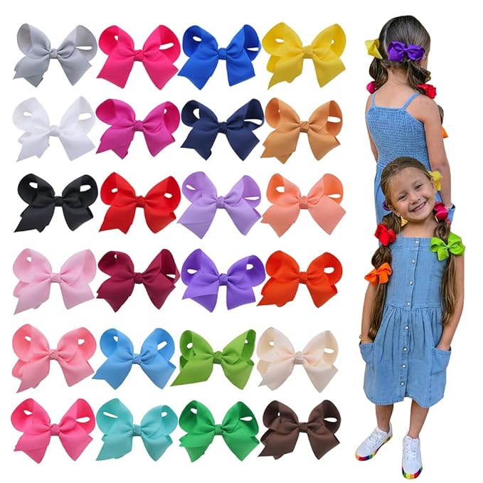 24Colors Boutique Hair Bow Clips for Little Girls - Grosgrain Ribbon Alligator Hair Clip Toddler Baby Girl School Jojo Bow Hair Accessories (24 pcs/4 Inch)