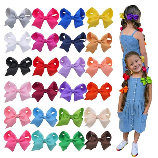 24Colors Boutique Hair Bow Clips for Little Girls - Grosgrain Ribbon Alligator Hair Clip Toddler Baby Girl School Jojo Bow Hair Accessories (24 pcs/4 Inch)