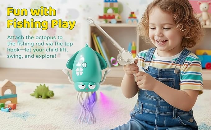 SANJOIN Dancing Octopus Baby Toy,Easter Basket Stuffers Gitfs Rechargeable Tummy Time Toys Wiggling Crawling Squid Toy for 3 4 5 6 7 8 9 10 Kids Boy Girl,Electric Musical Toys Birthday Gifts,Pink