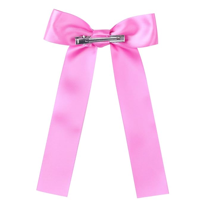 2-Pack Long Satin Ribbon Hair Bows for Girls – Elegant Silk Hair Clips for Toddlers, Infants, Teens & Kids - Hot Pink