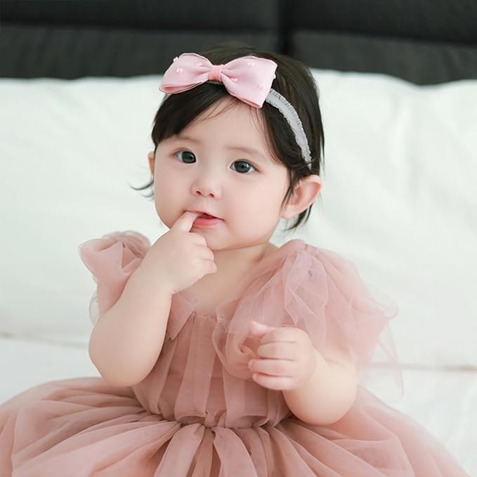 Baby Girls Hairbands Bow Lace Headband Handmade Soft Stretchy Pink Bowknot Hairbands Newborn Hairband with Bows Elastic Hair Bands for Kids Infant(Pink Polka Dot Bow