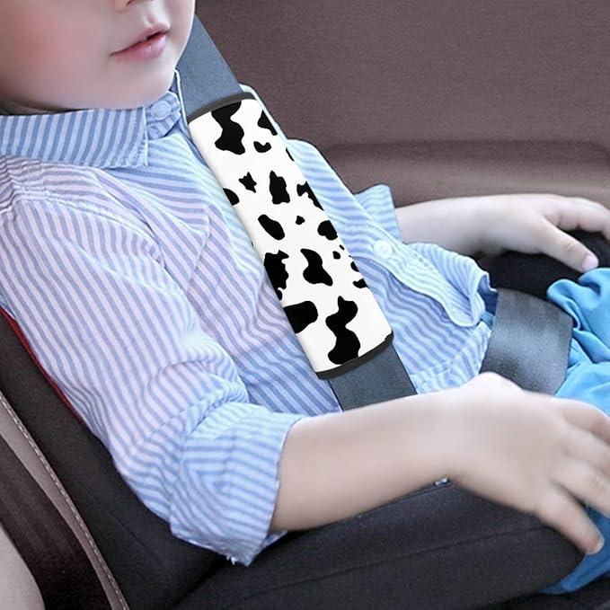 ENLACHIC Kids Car Seat Belt Cover, Cute Cartoon Animal Print Baby Car Seat Strap Pads Infant Car Seat Protector Car Accessories Universal All Cars,Cow Print