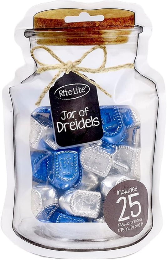 Rite Lite Jar of Dreidels, 25 Medium Plastic Dreidels - Classic Chanukah Spinning Dreidel Game - Colored Dreidels Bulk Value Pack Hanukkah Gift - Silver/Blue
