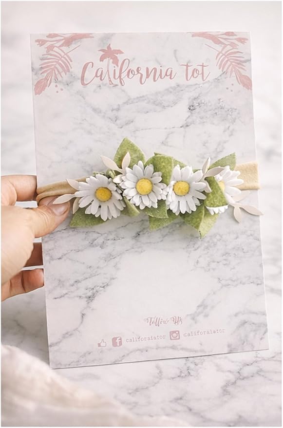 California Tot Felt Floral Daisy Crown – Soft & Stretchy Nylon Headband for Infants, Babies, Toddlers, and Girls – Wildflower Green Leaves & White Daisy Headpiece