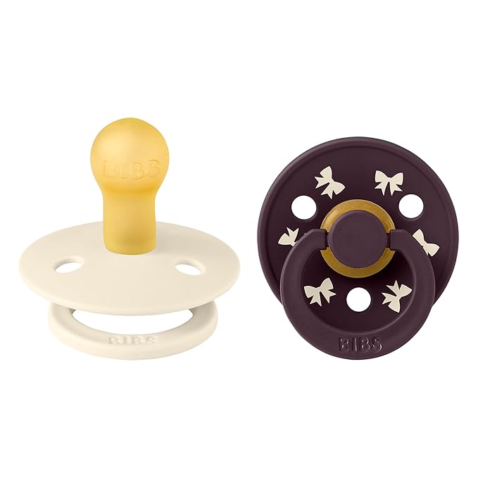 BIBS Colour Holiday Pacifier 2-Pack, BPA Free Pacifier, Round Nipple. Natural Rubber Latex, Made in Denmark, Size 1 (0-6 Months), Ivory/Plum