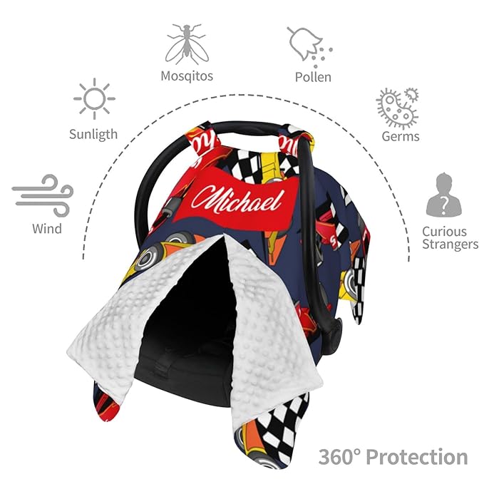 Custom Baby Car Seat Canopy for Babies with Name, Personalized Racing Baby Car Seats Covers for Boys, Opening Minky Nursing Breastfeeding Stroller Cover Infant Carseat Canopies for Newborn