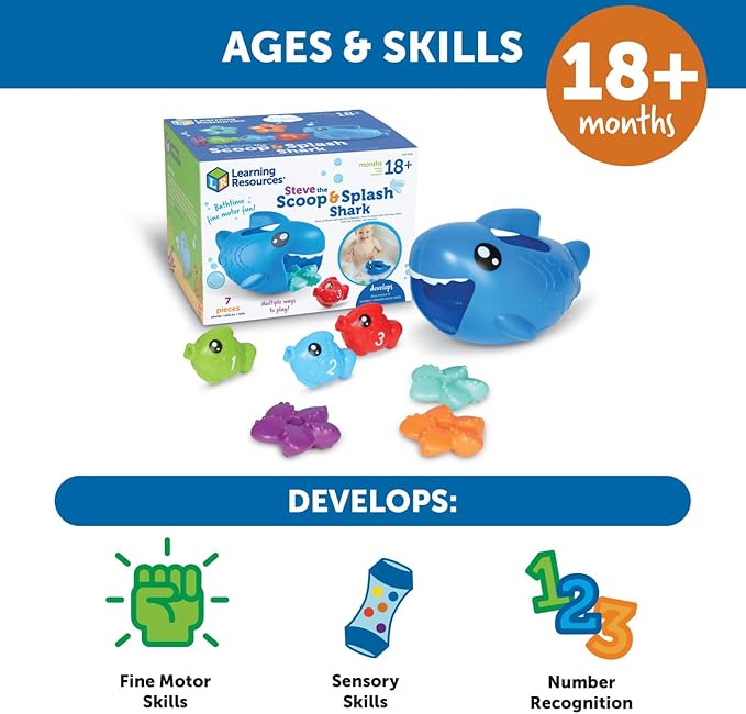 Learning Resources Steve the Scoop & Splash Shark, 7 Pieces, Ages 18 Months+, Toddler Bathtub Toys, Pool Activities for Boys and Girls, Water Games