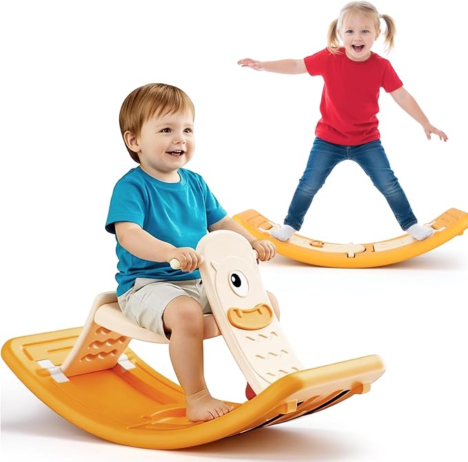 Rocking Horse for Toddlers Kids 3 in 1 Wobble Balance Board 3-5 Year Old Rocker Balance Board Baby Rocking Toy with Pedal Backrest Birthday Gift Open Ended Learning Toy for Girl and Boy