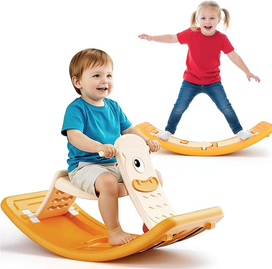 Rocking Horse for Toddlers Kids 3 in 1 Wobble Balance Board 3-5 Year Old Rocker Balance Board Baby Rocking Toy with Pedal Backrest Birthday Gift Open Ended Learning Toy for Girl and Boy