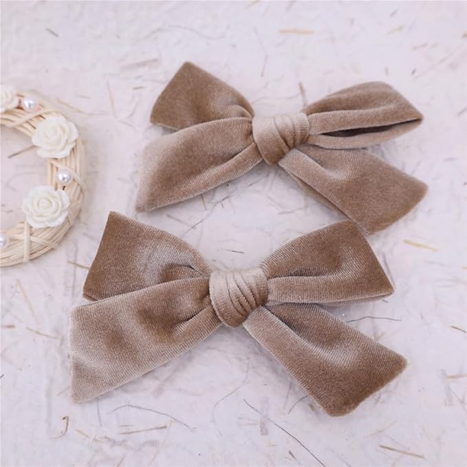 Vintage Velvet Bow Hair Clips for Baby Girl Kids Women Fall Velvet Christmas Hair Bows Barrettes Accessories (2 pcs Tan)