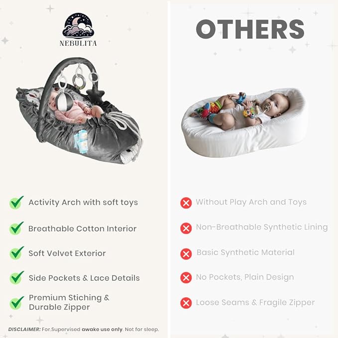 Newborn Lounger Bunny Gray - Flexible & Portable w/Infant Support Cushion, Soft & Breathable 100% Cotton - Multi-Use Supervised Baby Lounger for Floor, Travel, Changing Mat Alternative - Premium
