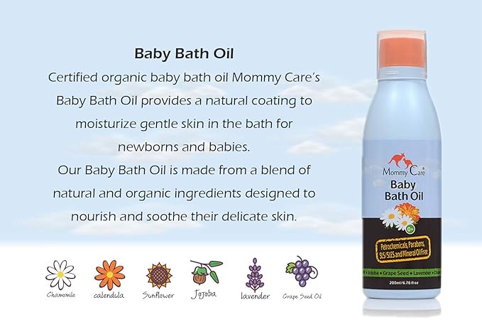 Mommy Care Organic Baby Bath Oil Pure Natural Essential Oils, Calming, Hydrating, Newborn Bathing Oil to Restore your baby’s natural skin moisture. Great for irritated or dry skin. 6.76 oz
