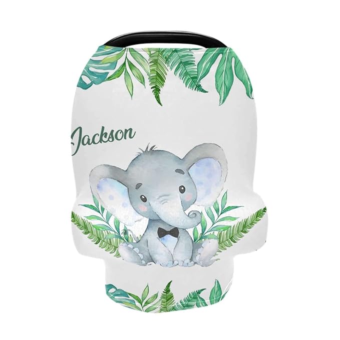Personalized Baby Car Seat Covers with Name, Custom Nursing Cover Breastfeeding for Babies, Carseat Canopy for Boys, Infant Stroller Cover for Winter, Breathable Carseats Cover (Elephant Green Leaf)