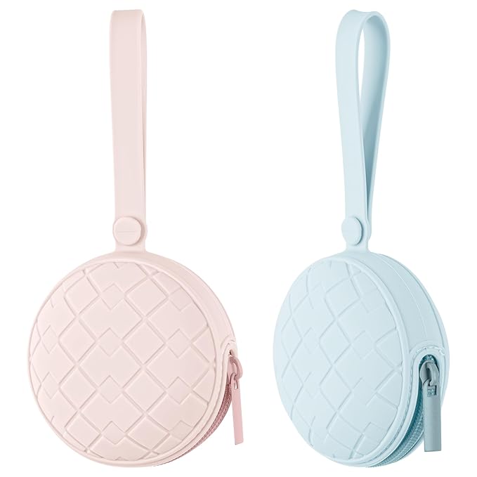 2 Pack Silicone Pacifier Holder Case, Baby Pacifier Holder Pouch for Newborn, Boys and Girls, Portable Silicone Pacifier Bags (Delicacy+Sea Blue)