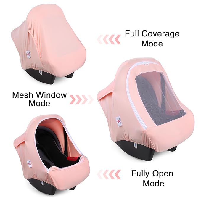 Metplus Car Seat Cover Baby Girl, Breathable Mesh Window Infant Carseat Canopy, Summer Stroller Sunshade Net for Airflow & Privacy, Stretchy Universal Fit (Pink)