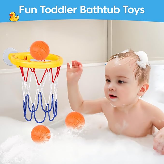 Bath Toys, Bathtub Basketball Hoop for Kids Toddlers, Bath Shower Toys for Kids, Strong Suction Cup Basketball Hoop & 3 Soft No-Hole Balls Set for Toddlers, Boys and Girls