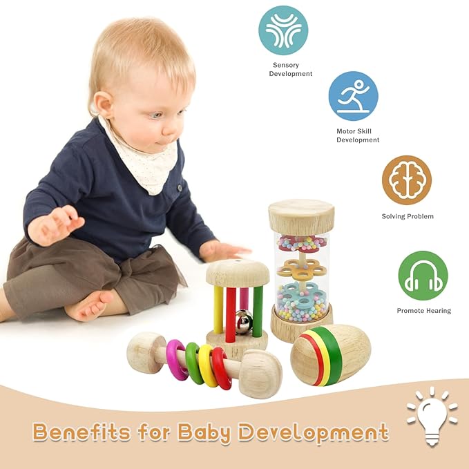 Wooden Baby Rattle, Organic Colorful Baby Rattles Set, Toddler Hand Wooden Rattles Toy Set for Infant Grasping, Sensory Development, Gift for Baby Boys Girls