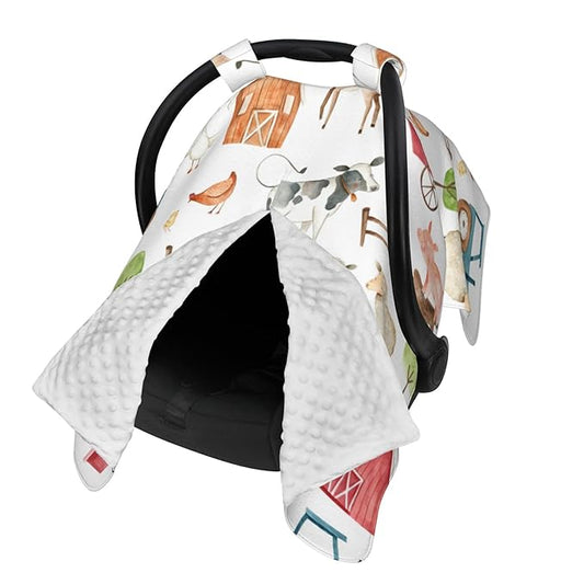 Farm Carseat Covers Baby, Winter Carseat Cover for Baby, Minky Baby Car Seat Cover for Boy & Girl, Peekaboo Opening Car Seat Canopy for Newborn, Multi Use Mom Nursing Cover, Farm Animals